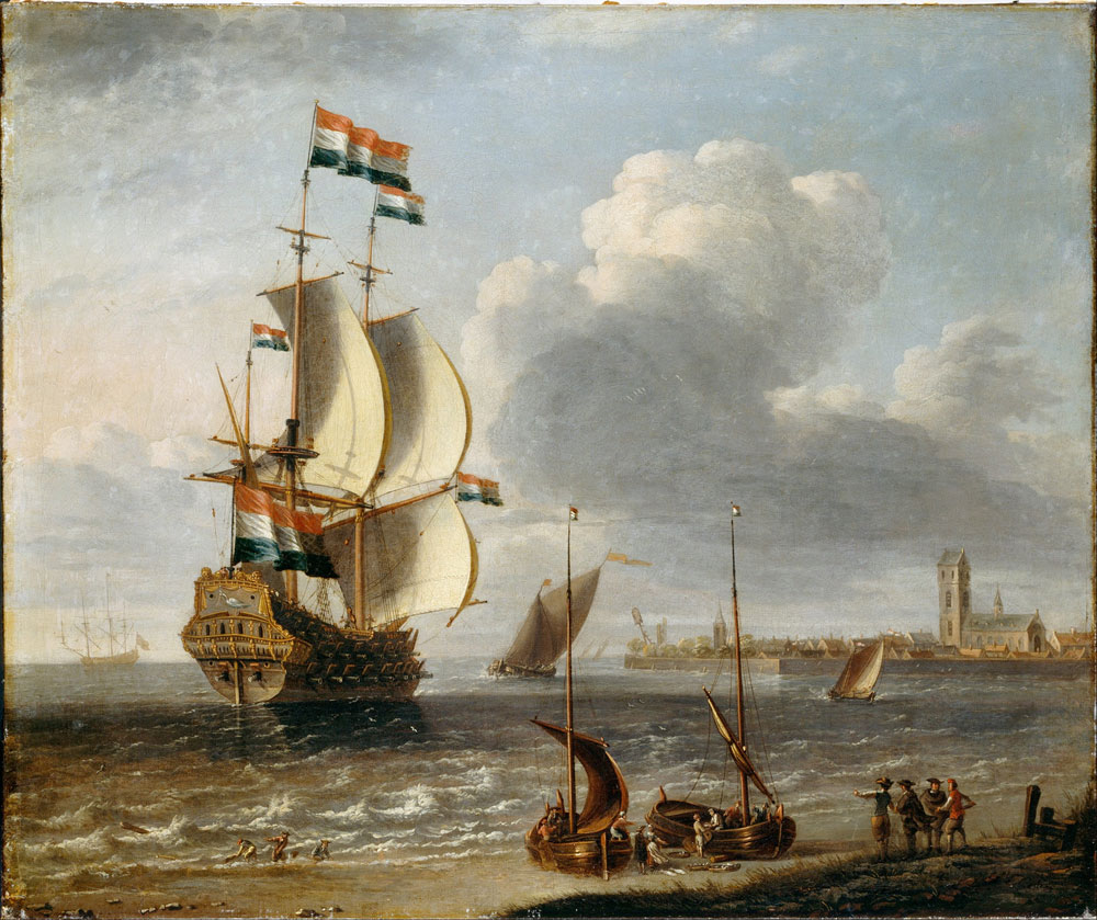 Oost-Indiëvaarder bij de stad Hoorn in Nederland. Schilder: Lorenzo Castro, 1668. Dulwich kunstgalerij. (Bron: Wikimedia Commons)